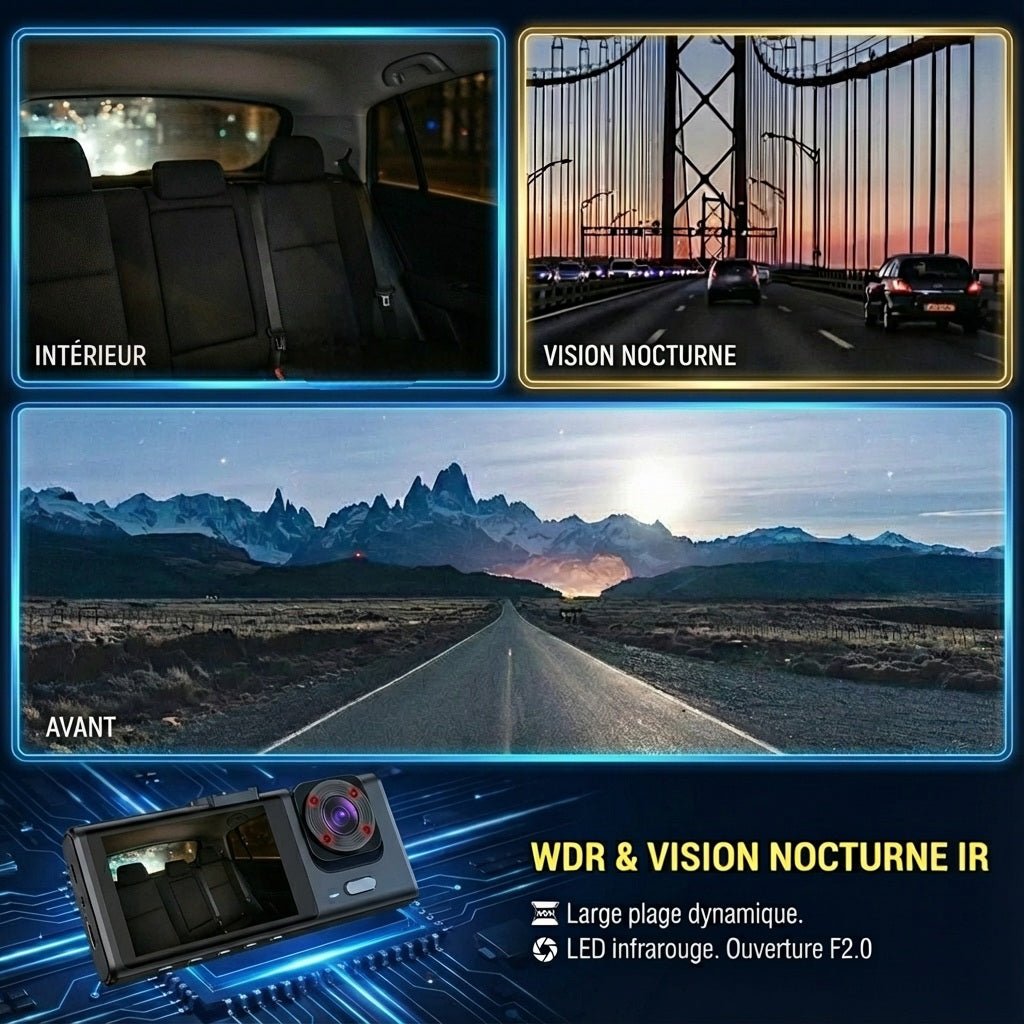 GuardCam™ - Dashcam 3 Caméras FULL HD 1080P Vision Nocturne - Vilya Auto