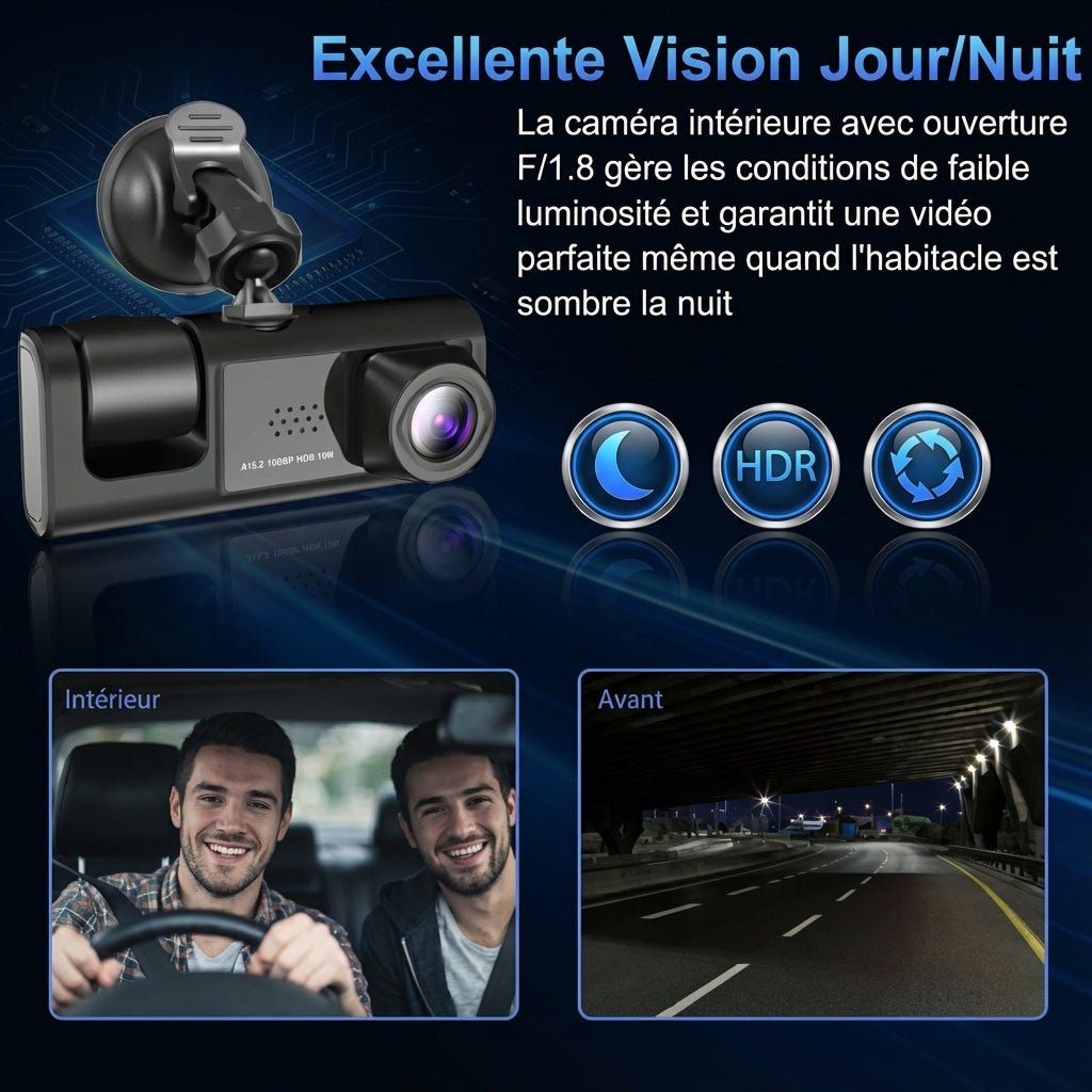 GuardCam™ - Dashcam 3 Caméras FULL HD 1080P Vision Nocturne - Vilya Auto