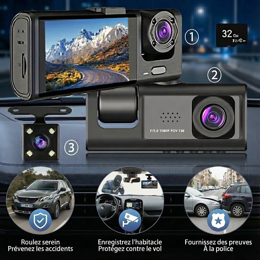 GuardCam™ - Dashcam 3 Caméras FULL HD 1080P Vision Nocturne - Vilya Auto