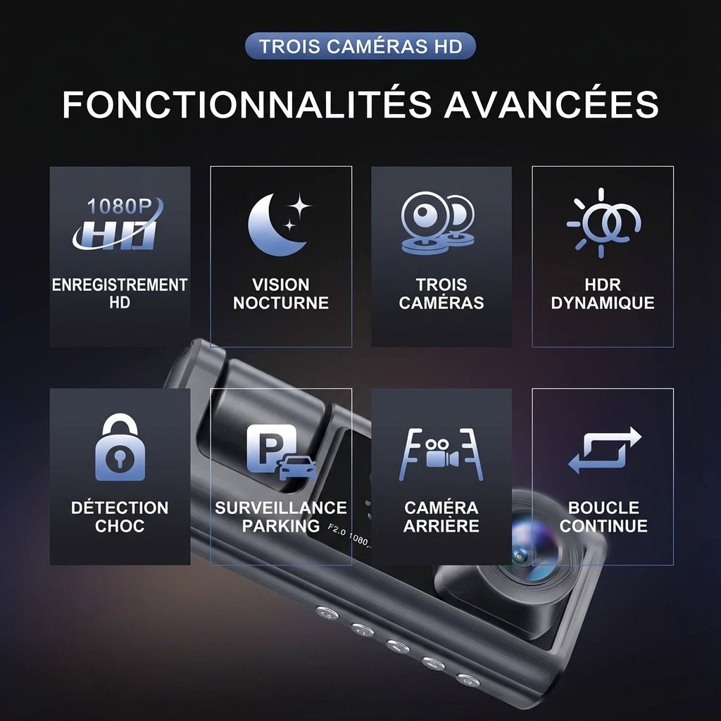 GuardCam™ - Dashcam 3 Caméras FULL HD 1080P Vision Nocturne - Vilya Auto